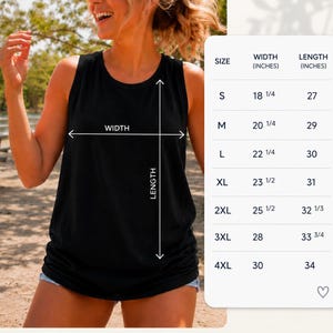 May include: A black sleeveless tank top with a size chart displaying width and length measurements in inches for sizes S through 4XL. The chart lists width from 18 1/4 to 30 inches and length from 27 to 34 inches, with arrows indicating measurement points.