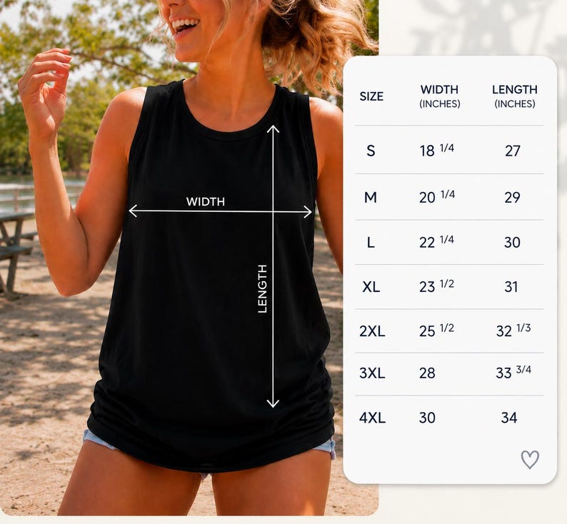 May include: A black sleeveless tank top with a size chart displaying width and length measurements in inches for sizes S through 4XL. The chart lists width from 18 1/4 to 30 inches and length from 27 to 34 inches, with arrows indicating measurement points.