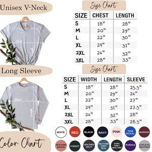 May include: A heather grey V-neck t-shirt and a heather grey long-sleeve shirt, each with a size chart displaying chest, length, and sleeve measurements in inches. A color chart shows fifteen circular color swatches with labels including white, red, black, navy, pink, true royal, maroon, heather mauve, forest, heather navy, heather deep teal, dark grey heather, purple, and athletic heather.