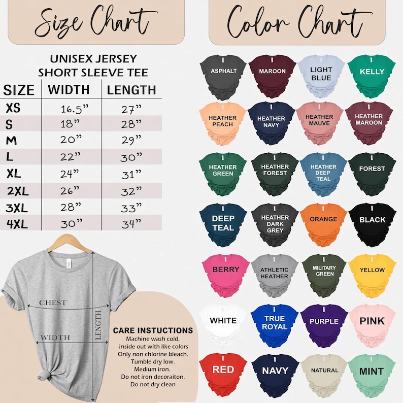 May include: A size and color chart for a unisex jersey short sleeve tee. The size chart lists widths and lengths in inches from XS to 4XL. The color chart displays 32 circular color swatches with names. A grey t-shirt shows measurement lines.