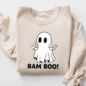 Comfort Colors® Bam BOO Halloween-mahjongshirt, Ghost Mahjong-T-shirt, Spooky Season-gametop, mahjong-groepskostuumidee, Halloween-gameshirt afbeelding 1