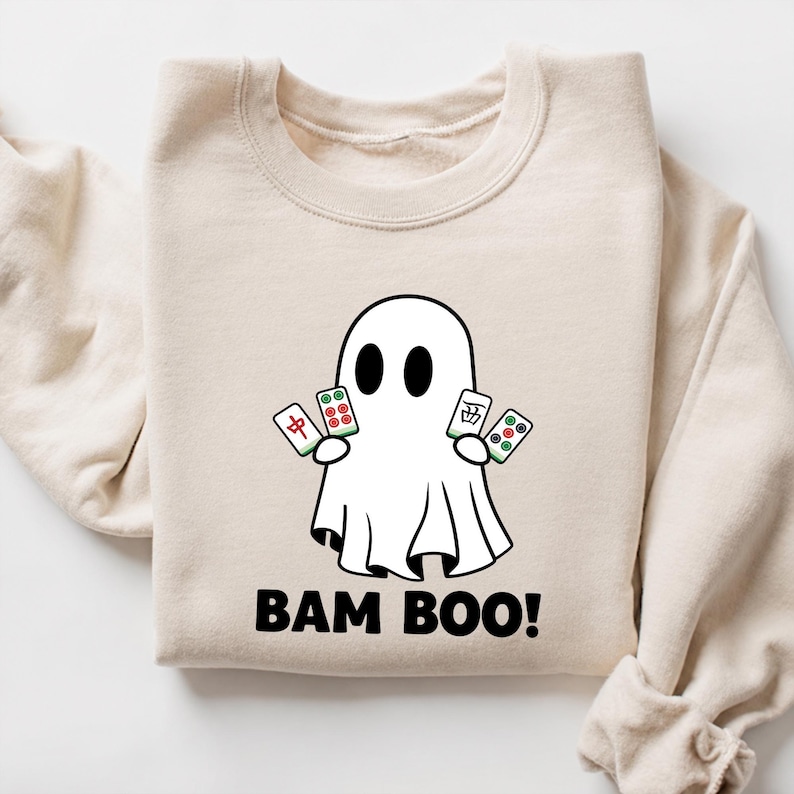 Comfort Colors® Bam BOO Halloween-mahjongshirt, Ghost Mahjong-T-shirt, Spooky Season-gametop, mahjong-groepskostuumidee, Halloween-gameshirt afbeelding 1