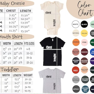 May include: A sizing and color chart for apparel featuring a white baby onesie, a black youth shirt, and a grey toddler shirt. Tables list measurements in inches for baby, youth, and toddler sizes. A color chart displays 24 circular color swatches.