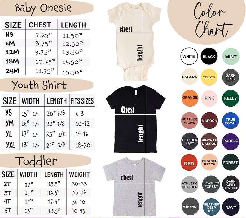 May include: A sizing and color chart for apparel featuring a white baby onesie, a black youth shirt, and a grey toddler shirt. Tables list measurements in inches for baby, youth, and toddler sizes. A color chart displays 24 circular color swatches.