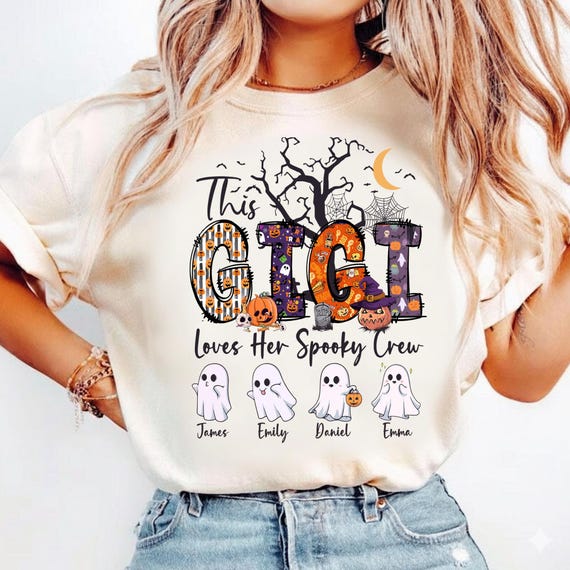 Personalized Gigi Halloween Shirt with Grandkids name, Spooky Gigi Shirt, Custom Grandma Halloween Shirt, Halloween Gift for Gigi
