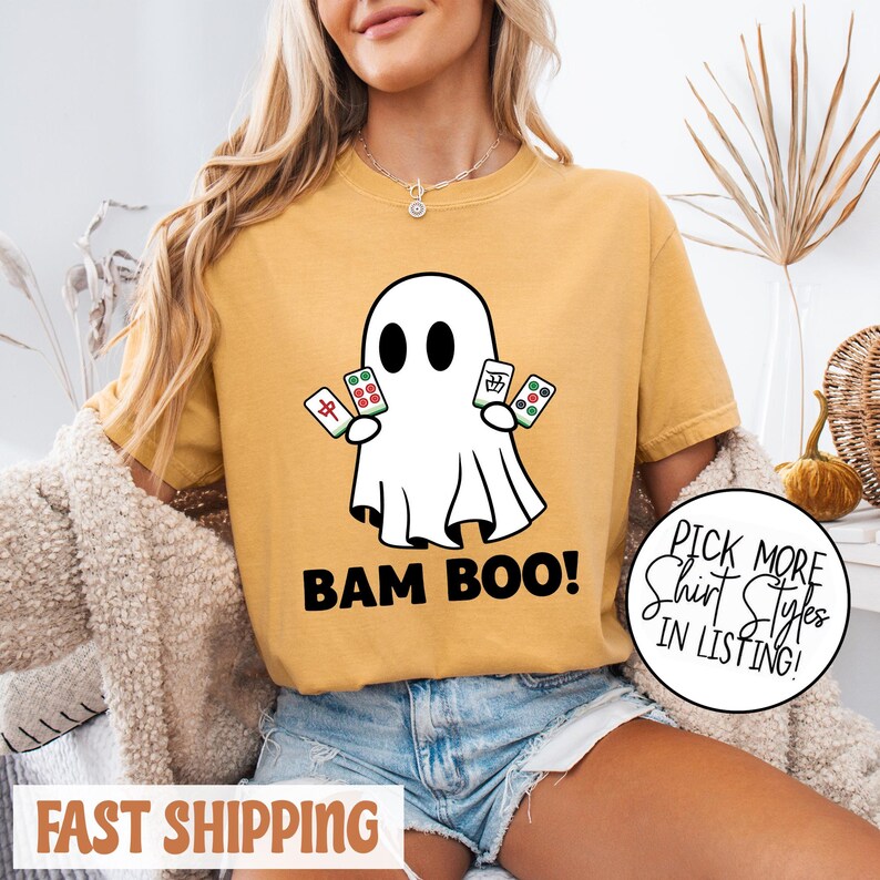 Comfort Colors® Bam BOO Halloween-mahjongshirt, Ghost Mahjong-T-shirt, Spooky Season-gametop, mahjong-groepskostuumidee, Halloween-gameshirt afbeelding 5