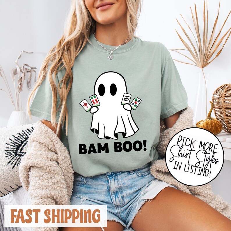 Comfort Colors® Bam BOO Halloween-mahjongshirt, Ghost Mahjong-T-shirt, Spooky Season-gametop, mahjong-groepskostuumidee, Halloween-gameshirt afbeelding 7