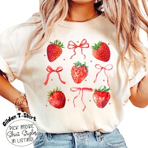 Coquette Strawberry Shirt, Coquette Shirt, Gift for Her, Coquette Tee, Pink Bow Shirt, Ribbon Shirt, Strawberry Shirt