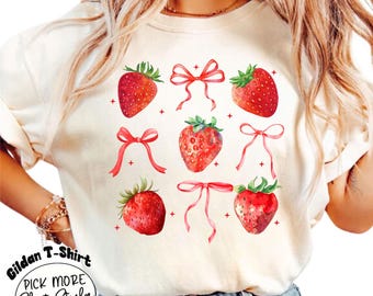 Coquette Strawberry Shirt, Coquette Shirt, Gift for Her, Coquette Tee, Pink Bow Shirt, Ribbon Shirt, Strawberry Shirt