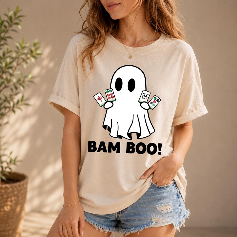 Comfort Colors® Bam BOO Halloween-mahjongshirt, Ghost Mahjong-T-shirt, Spooky Season-gametop, mahjong-groepskostuumidee, Halloween-gameshirt afbeelding 3