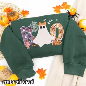 BOO Embroidered Halloween Sweatshirt, Cute Ghost Pumpkin Spiderweb Embroidery Crewneck, Cozy Fall Spooky Vibes Shirt