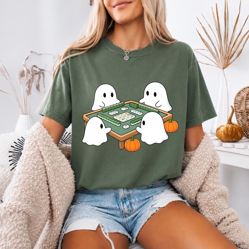 Comfort Colors® Halloween Mahjong Shirt, Ghost Mahjong Tee, Spooky Season Tile Game Top, Mahjong Group Costume Idea, Halloween Game Shirt image 3