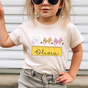 Custom Kids Name With CoquetteT-Shirt Back To School Shirt, Toddler Girl First Day of School Tee Floral Kindergarten Shirt With Name