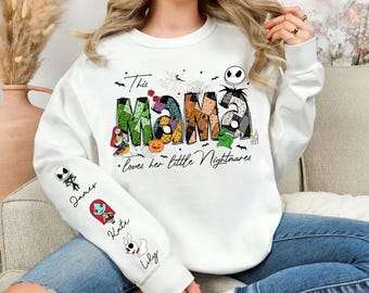 Custom This Mama Loves Her Nightmares Sweatshirts, Halloween Horror Mama Sweater, Halloween Gift, Grandma Gift, Custom Halloween Kids Name