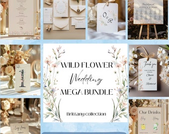 Bundel bruiloft uitnodigingen met wilde bloemen, boho bloemen bruiloft uitnodigingssjabloon, afdrukbare trouwborden | Bretagne-collectie
