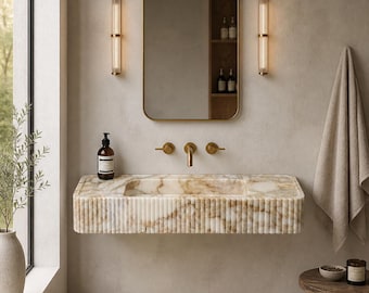 Calacatta Gold Marble Sink, Ribbed Wall Mounted Bathroom Sink, Handmade Natural Stone Basin, Custom Floating Marble Vanity