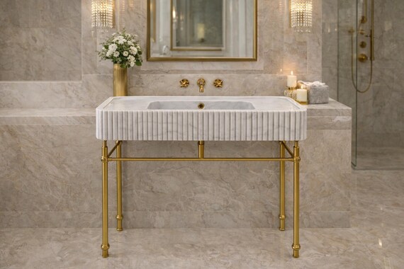 Carrara White Marble Fluted Console Sink with Brass Stand – Luxury Bathroom Vanity