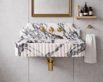 Calacatta Marmor Waschbecken an der Wand montiert, handgefertigte Marmor Waschbecken, 3-Loch-Wasserhahn Eitelkeit, Luxus Stein Waschbecken, schwimmende Marmorbecken