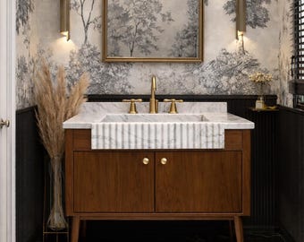 Carrara White Marble Vanity Sink, Fluted Farmhouse Bathroom Vanity, Custom Wood Vanity with Marble Backsplash MM154