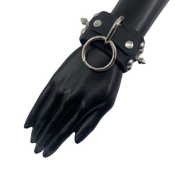 Studded Black leather silver o-ring rocker biker goth cuff  bracelet