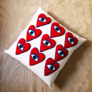 Punch Needle Evil Eye Pillow Cover, Heart Love Punch Needle Tufted Pillow Cover, Punch Needle Pillow