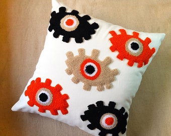 Punch Needle Evil Eye Pillow Cover, Black Orange Eyes Cushion, Hand Tufted Pillows, Home Decor, Punch Needle Pillow