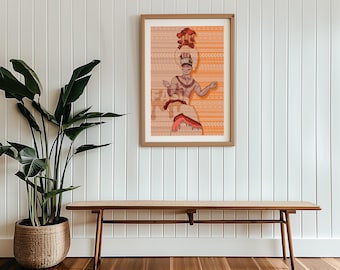 May include: A framed print of a figure in traditional attire, with a headdress and patterned background. The artwork is displayed above a wooden bench with a woven seat, next to a potted plant. The room has white paneling and a hardwood floor.