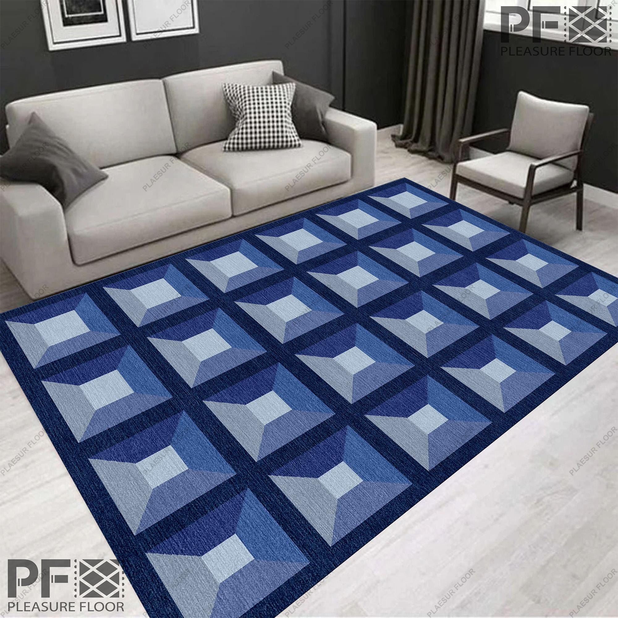 Geometric Blue Rug Handmade Area Rug for Hall Kitchen Living Room ...