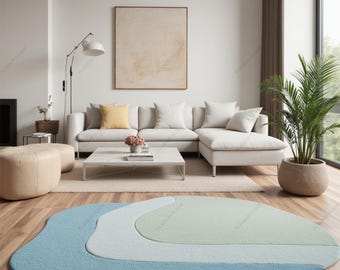 Handmade sky-blue irregular shape tufted area rug - stylish home decor multiple sizes available.