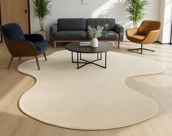 Handmade Cream Viscose Area Rug: Irregular Wave Design, Silk Viscose Accents