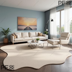 May include: A white, fluffy, irregularly shaped rug in a living room with a white sofa, a coffee table, and a white armchair. The rug has a wavy edge and is placed on a wooden floor. The room has a large window with white curtains and a painting of a sunset over a pier on the wall.