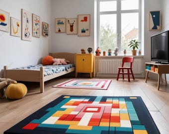 May include: A colorful geometric rug with a black border, placed on a wooden floor in a child's bedroom. The rug features a pattern of squares in various colors, including red, yellow, blue, and green. The room is decorated with colorful artwork and a wooden bed with a blue and white patterned blanket.