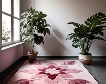 Alfombra de lana con mechones hecha a mano: Art Déco con flores rosas