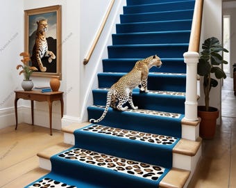 Könnte beinhalten: Eine blaue Treppe mit einem Läufer mit Leopardenmuster. Auf der obersten Stufe steht eine Leopardenstatue. Die Wand ist weiß und an der Wand hängt ein gerahmtes Bild eines Leoparden.