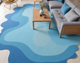 Sky-Blue Wool Area Rug: Irregular Modern Tufted Rug