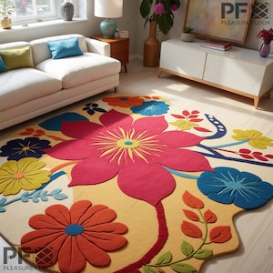 Handmade Wool Tufted Floral Rug - Irregular Shape, Colorful Decor