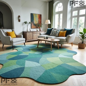 Green Geometric Wool Area Rug: Irregular Modern Rug