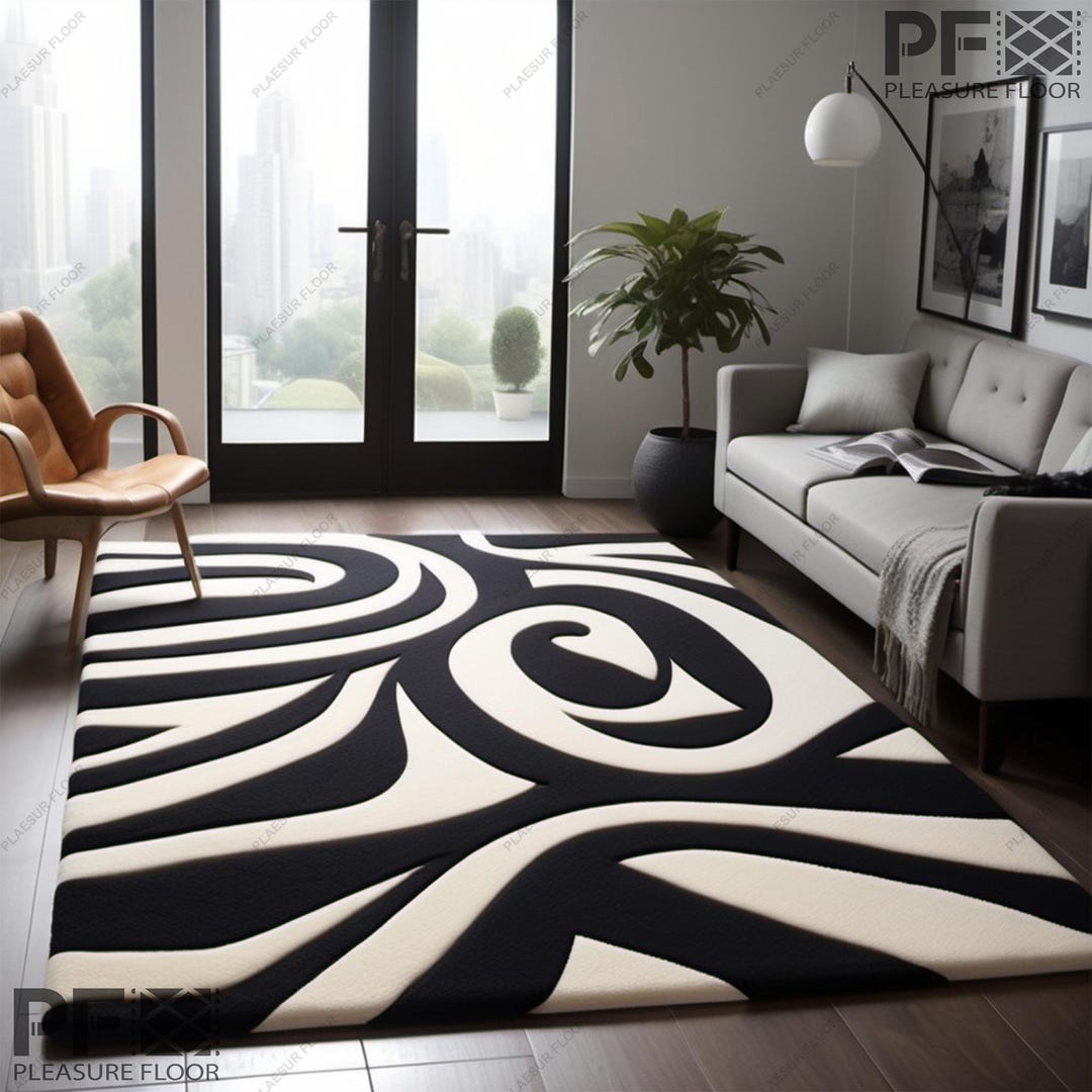 New York Contemporary Machine Made Black White Rug 5'3 x 7'6 main image 1