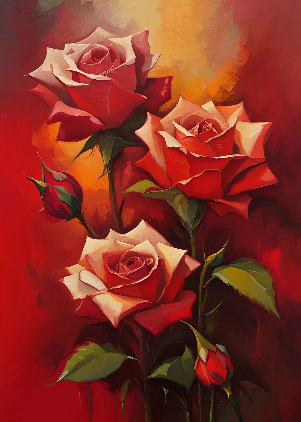 Red Rose Paintings HQ Digital Canvas Print Wall Art Oil Painting Wall ...