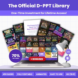Puede incluir: Un portátil que muestra plantillas de presentación, con el texto "The Official D-PPT Library" y "One-Time Investment for Lifetime Access!". La imagen incluye una lámpara de escritorio y una promoción "70% OFF TODAY".