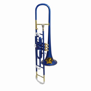 May include: A blue valve trombone featuring gold-colored metal accents, white tubing connectors, and a silver mouthpiece. The bell of the instrument displays a circular yellow logo with the text Sound Saga Exports printed in black lettering.