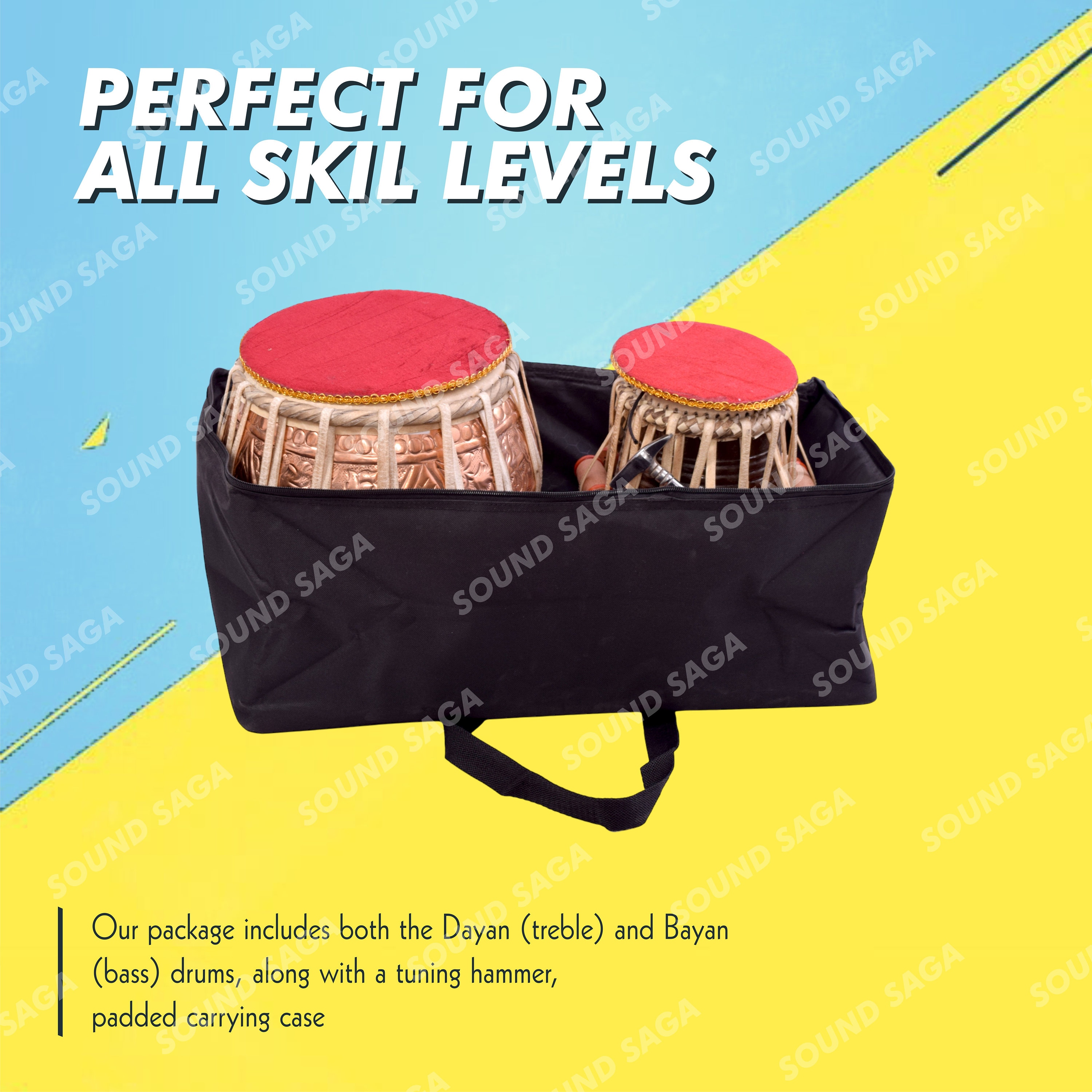 SOUND SAGA® Tabla Drum Set Finest Bayan & Dayan With Hammer, Cushions