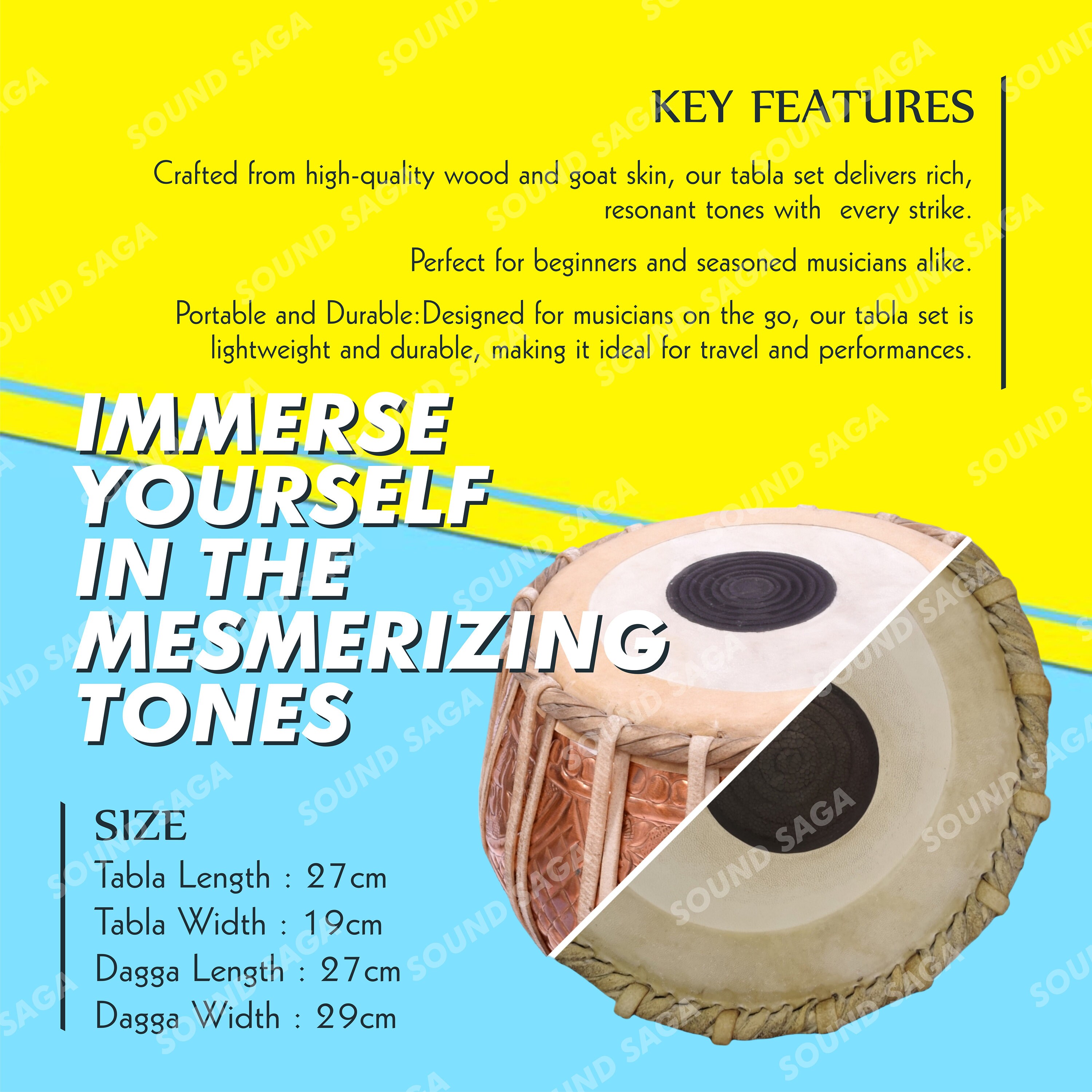 SOUND SAGA® Tabla Drum Set Finest Bayan & Dayan With Hammer, Cushions