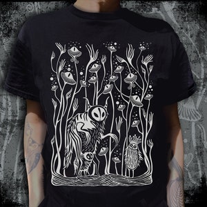 T-shirt magic forest black • little monster • witchy print • creature • mystical • unisex • moth • flower • gothic fashion • blackwork shirt