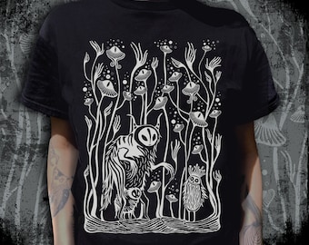T-shirt magic forest black • little monster • witchy print • creature • mystical • unisex • moth • flower • gothic fashion • blackwork shirt