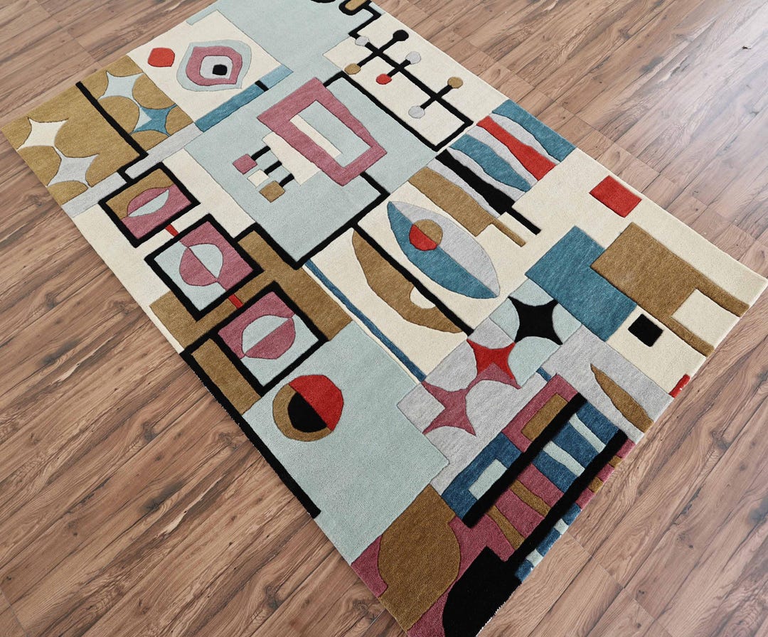 幾何学模様 ウールラグ 大判 幾何学模様のウールラグ：ミッドセンチュリーモダン抽象デザイン