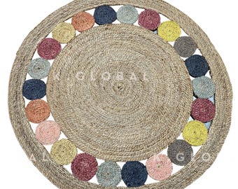 Handmade Jute Round Rug – Colorful Border Circles, Boho Area Carpet – Rustic Eco Home Decor