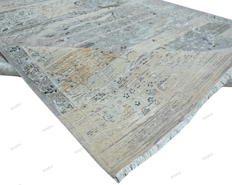 8x10 ft. Handmade Wool & Silk Rug: Neutral Persian Style Carpet