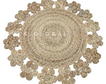 Handgefertigter runder Juteteppich - Blumenbordüre Boho Bauernhausboden Dekor