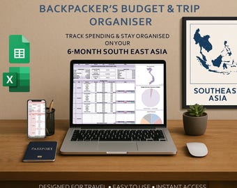 Budgettracker voor backpacken: 6 maanden reis naar Zuidoost-Azië (digitale Excel-planner)